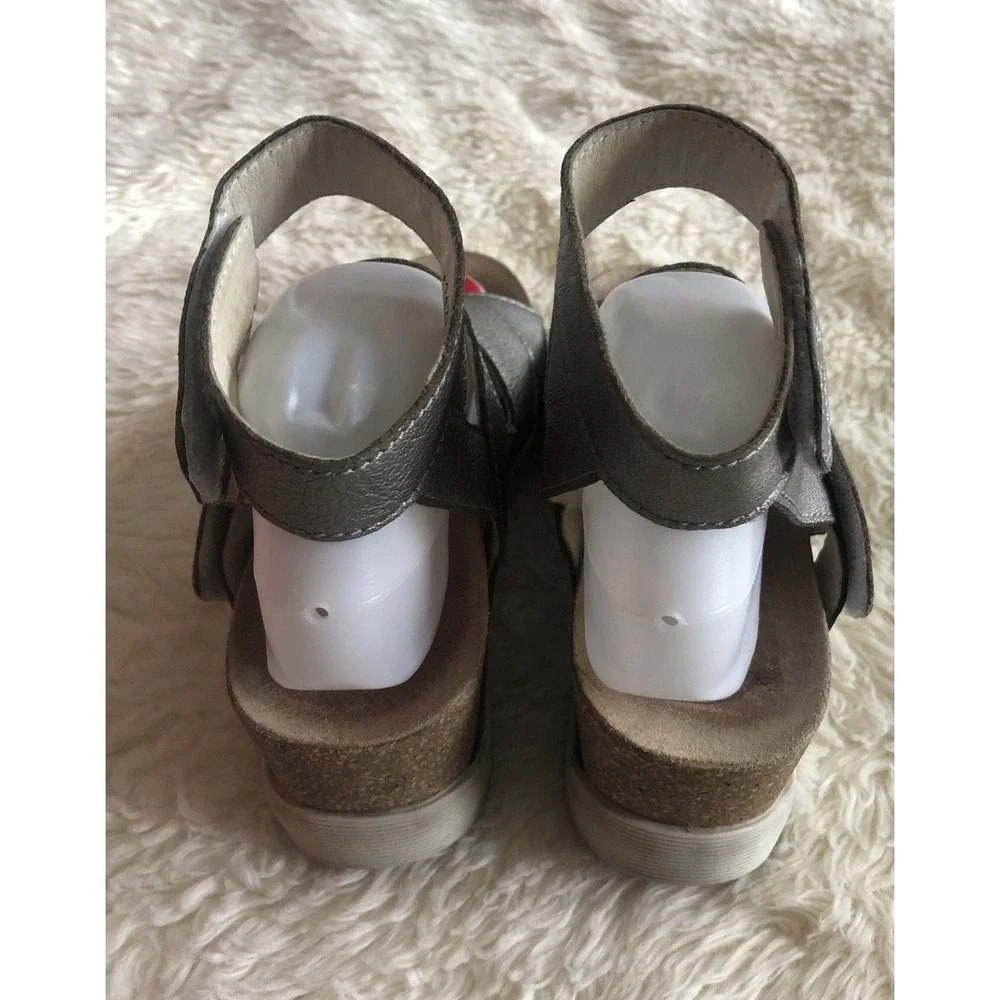 Fly London Wedge Sandals Silver Leather Ankle Strap Wege669fly  US 7-7.5 EUR 38